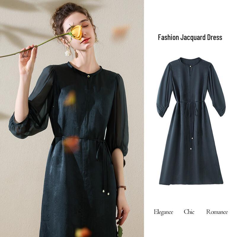 TUHUANG French Style Sheer Jacquard Silk Dress 2XL