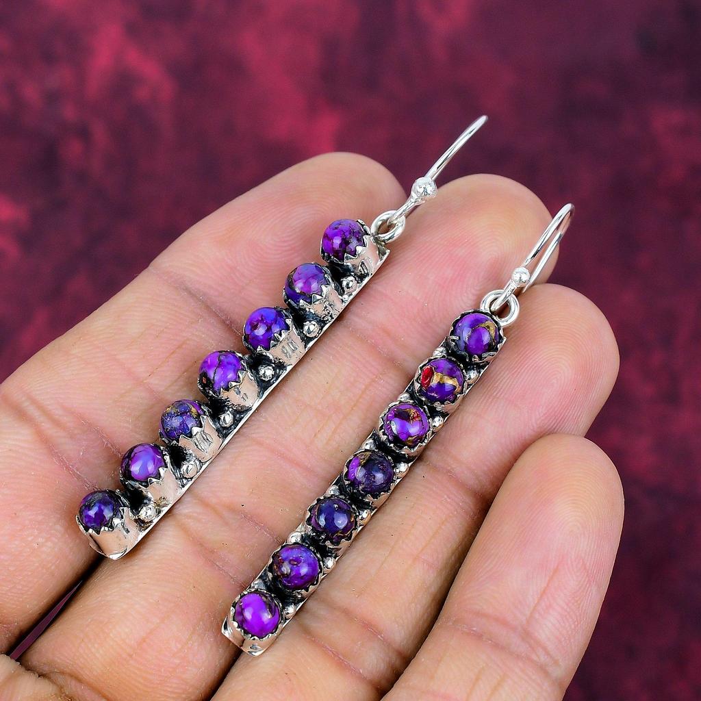 Fialové měděné tyrkysové náušnice, šperky z masivního sterlingového stříbra 925, náušnice z drahokamů, dárek pro ni, ručně vyráběné jemné šperky