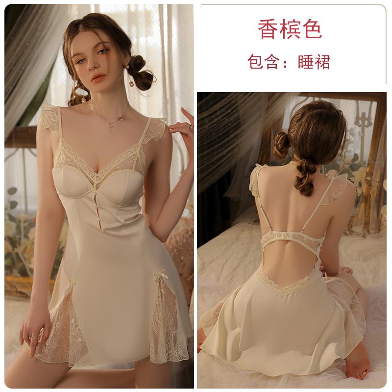

Sexy deep V plus chest pad sweet flying sleeve satin lace nightdress robe large size home set J M