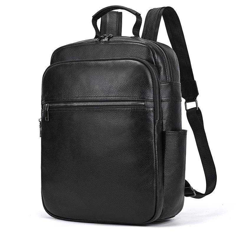 Simple Men'S Leather Backpack Men'S Cowhide 14-Inch Schoolbag Going Out For Travel Commuter Black Backpack