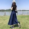 2023 Spring Women's Mid-Length Pleated High-Waist Denim A-Line Skirt