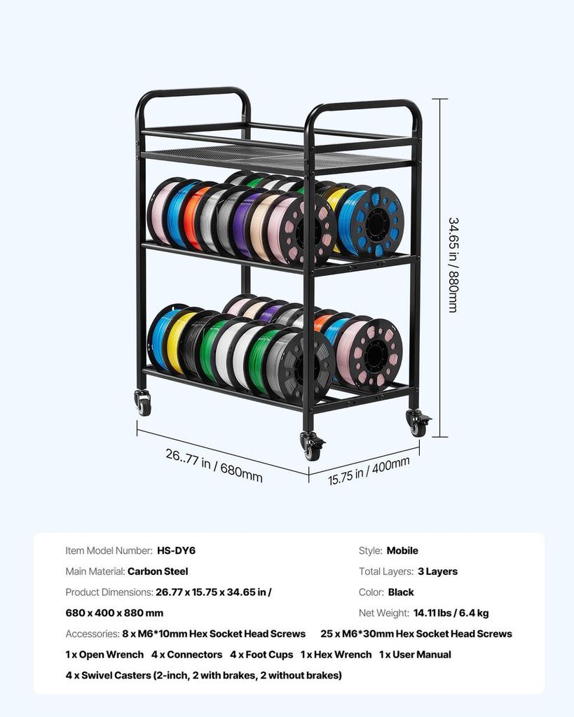 3D Printer Filament Storage Rack, 3 Tier Heavy Duty Storage Shelf, Rolling Filament Spool Holders Racks with Wheels, Filaments Organzied for 3D