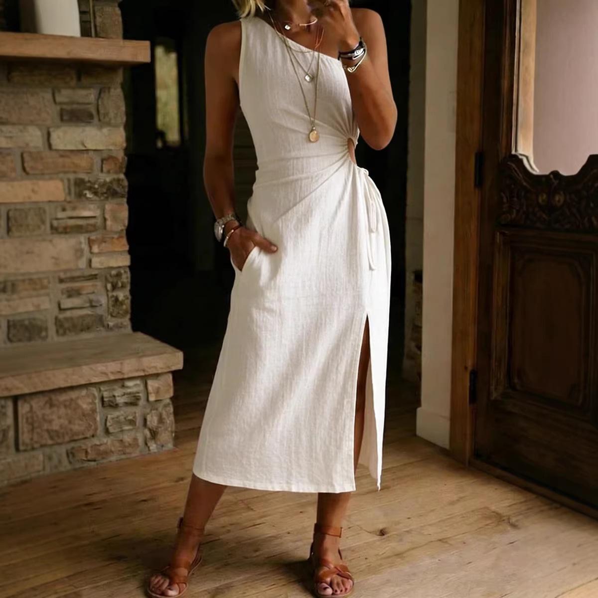 Women s One Shoulder Sleeveless Midi Dress High Waist Solid Cutout Waist Side Slit Dress With Pockets S