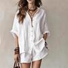 2026 Spring/Summer Women's Solid Color Loose Button-Down Shirt and Shorts Fashion Casual Set