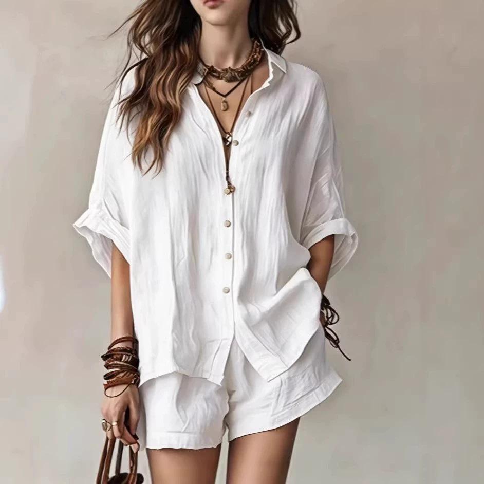 2026 Spring/Summer Women's Solid Color Loose Button-Down Shirt and Shorts Fashion Casual Set