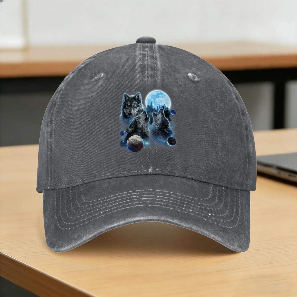 Three Wolf Howling and Moon Washed Baseball Cap  Vintage Sun Trucker Hat Summer UnisexTeens Hiking Fishing Snapback Cap