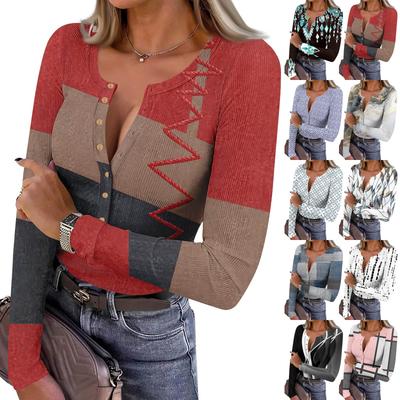 Damen Slim Bottom T-Shirt Mode Lässig Farbverlauf Druck Rundhals Pullover Langarm Top