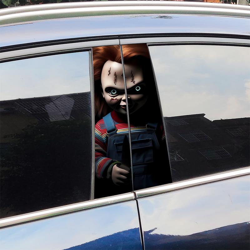 Horror Ghost Doll Car Sticker Auto B-pillar Car Center Column Decor Cover Scratches Waterproof Sunscreen Vinyl Decal Accessories