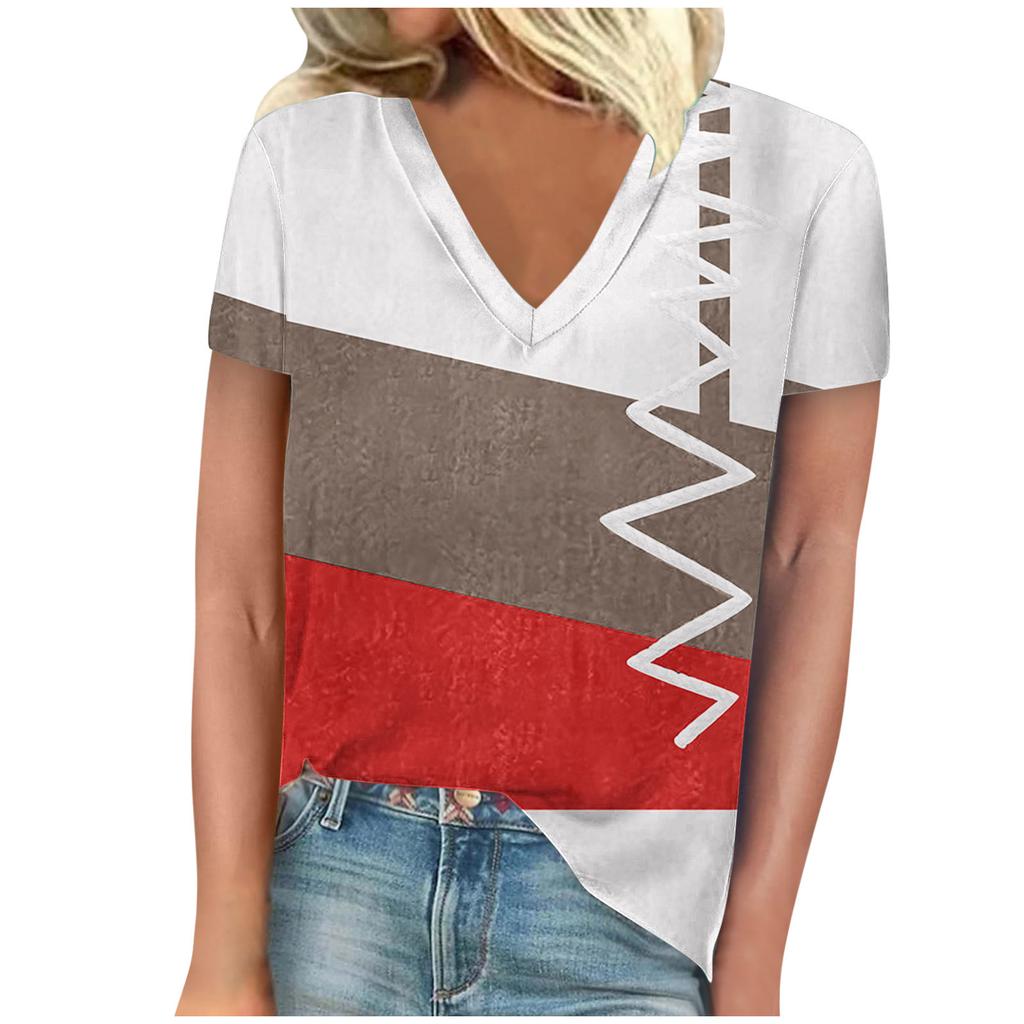 Summer Women's Casual Versatile Color Blocked 3D Printed Slimming Short Sleeved V-neck Short Sleeved T-shirt