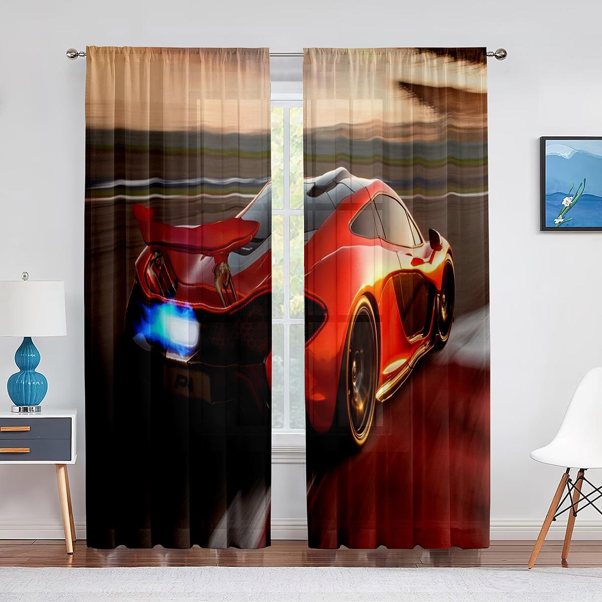 Тюлевые шторы со спортивным автомобилем и американским флагом для спальни — фото 3