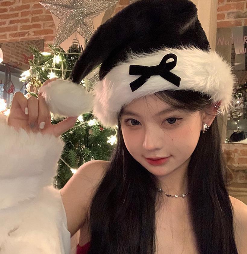 Fashion Red Sweet Cherry Bow Plush Santa Hat Women Warm Windproof Ear Protection Festive Party Supplies New Year Christmas Gifts