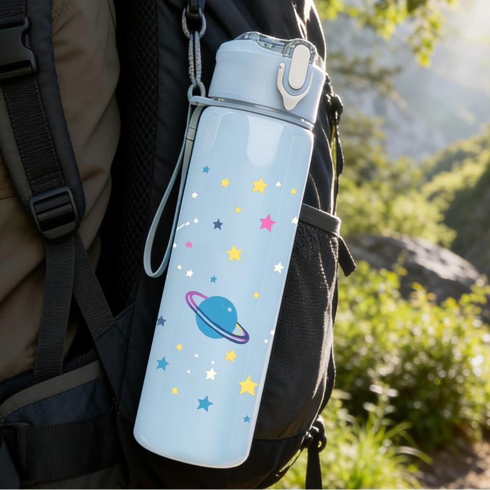 1PC Planet Star Space Pattern 750ml Color Plastic Sports Water Bottle Leakproof Flip Straw Lid Suitable for Sports Office Home Use