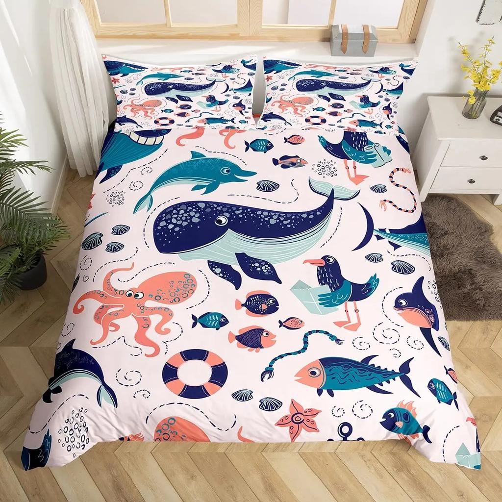 Cat Duvet Cover Set Watercolor Whale Fishing Bedding Set Ocean Sea Wave Comforter Cover Marine Nautical Themed Bedspread Cover