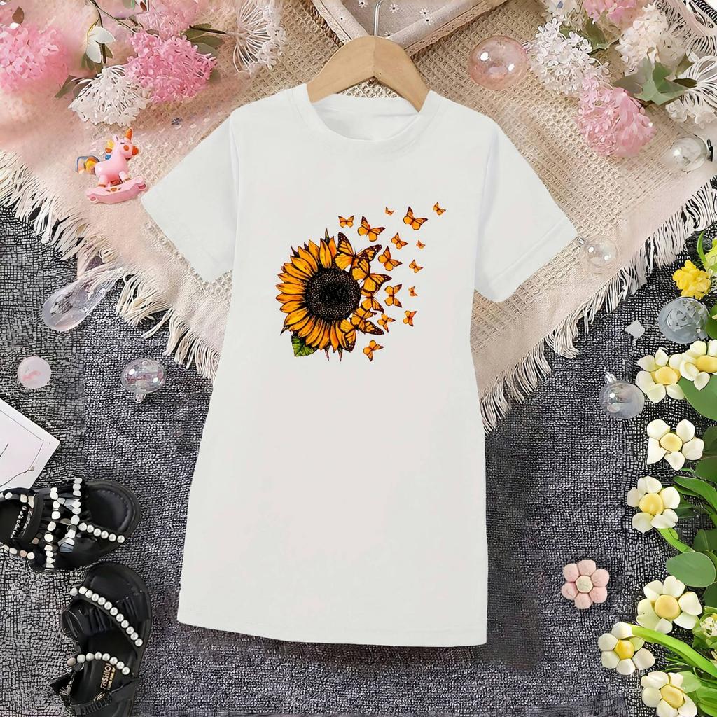 Girls' Sunflower Pattern T-Shirt Dress for Summer, Children's Casual Dress