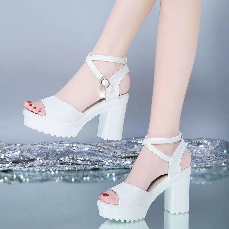 2025 Summer New Korean Version of Fish Mouth Versatile Waterproof Table High Heel Sandals Women's One-word Buckle Thin Heel Fashion Women's Shoes