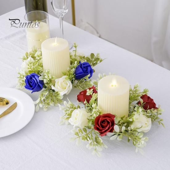 Delicate Candle Topper Artificial Rose Ring Pillar Candles Greenery Flower Wreath Plastic Garland Seasonal for Wedding Centerpiece Holiday Decor