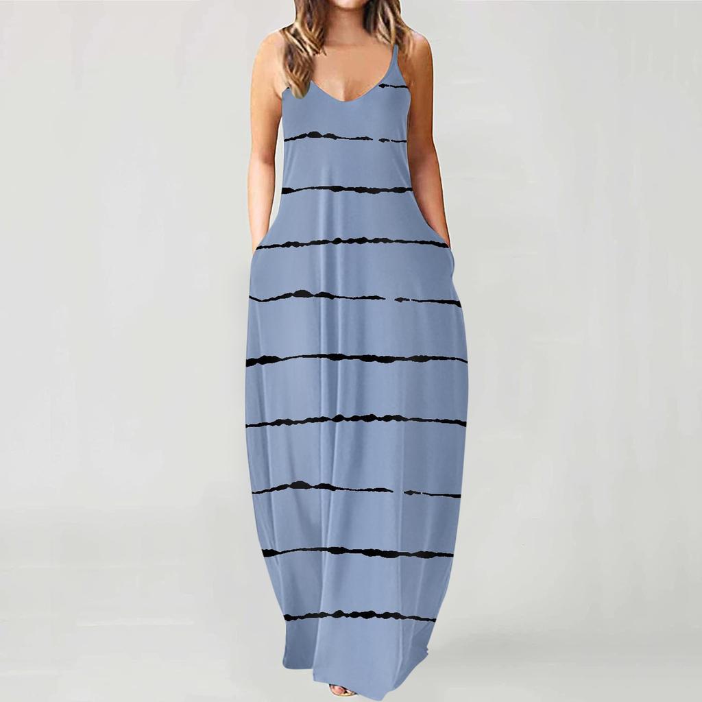 Women's Fashion Summer Casual Print V-Neck Sexy Sleeveless Dresses Long