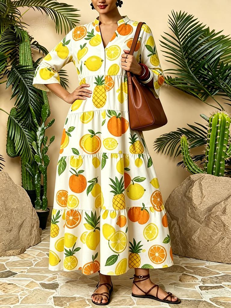 Plus Size Bohemian V-neck Long Dress - Spring/Summer European American Ethnic Style