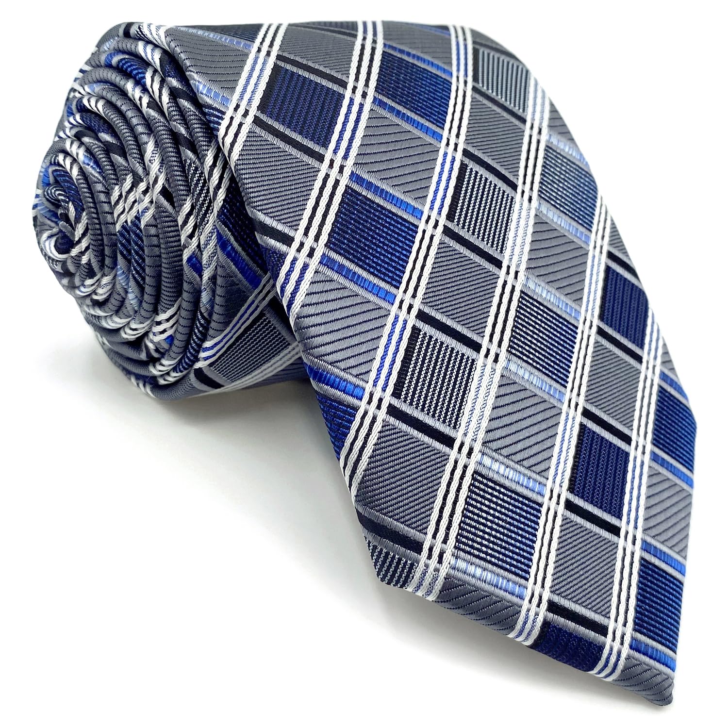 SHLAX&WING Long Tie for Men, Blue Check Pattern, Silk, 160cm, XL