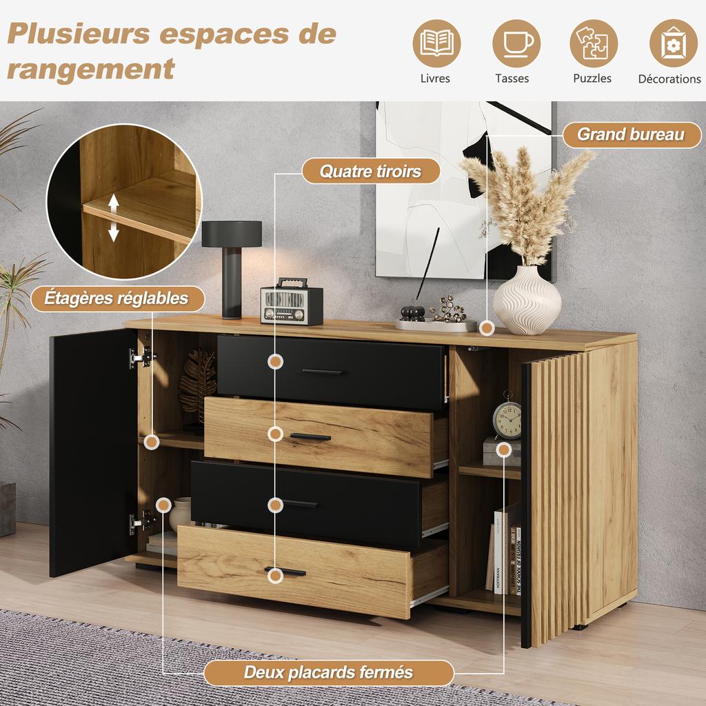 Μπουφές 140x35x70cm, MDF, 4 Συρτάρια & 2 Πόρτες, Όψη Κάθετης Αυλακώσης, Ρυθμιζόμενα Ράφια, Δρυς-Μαύρο, Ντουλάπι Αποθήκευσης για Σαλόνι Τραπεζαρία