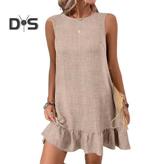 Summer Sundress Ruffle Hem Loose Sleeveless Round Neck Solid Color A-line Mini Dress for Beach Datings Vacation