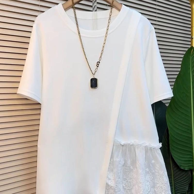 Fashion Large Size Lace Splicing Irregular Blosue Women Short Sleeved T-shirt for Women Summer New Loose Top Sweet Casual O Neck Covers White Shirts