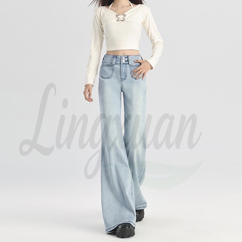 Women's Light Double-Button High-Waisted Wide-Leg Flare Jeans 2026 Summer