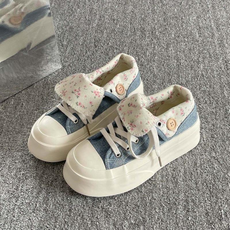Floral denim blue platform canvas white shoes women's summer breathable thin student versatile tide shoes