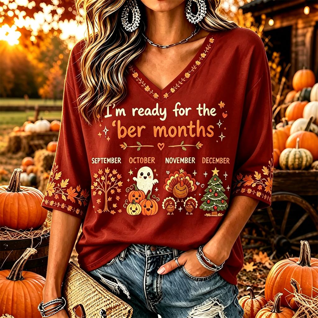 Women's Casual Thanksgiving Print V-Neck Pullover Top for Fall Holiday Everyday Wear