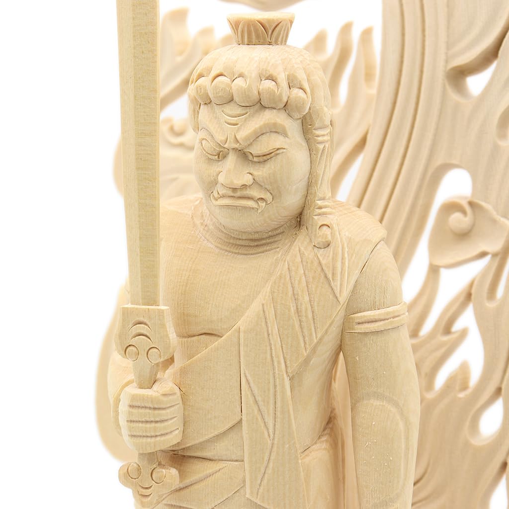 Special Buddhist Statue Standing Acala inches height width 12 depth Cypress Wood Carving with Flame Halo and Square Rock 1129 Kurita's [Myo-o] Statue,