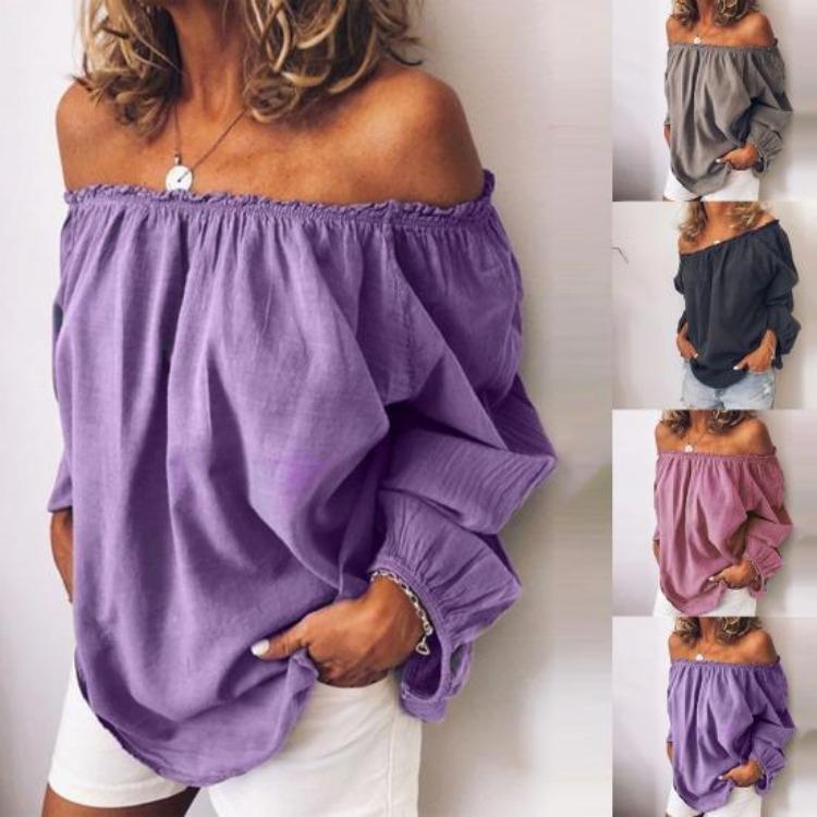 Party Top Autumn Winter Solid Color Women Blouse Pleated Off Shoulder Long Sleeve