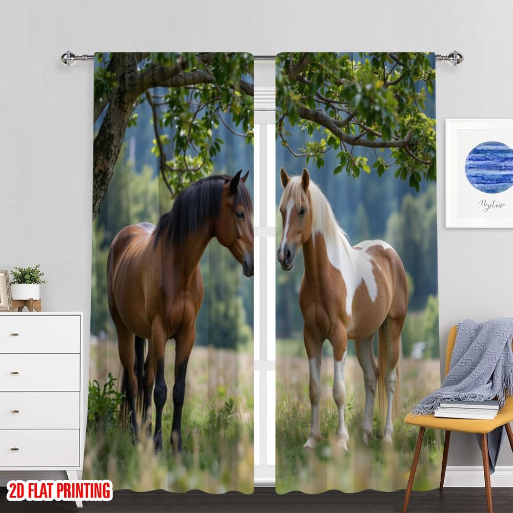 Set Of 2 Flat Printing Curtains Two Horses Versatile Polyester Without Electricity Family Party Decoration Various Room Curtain
