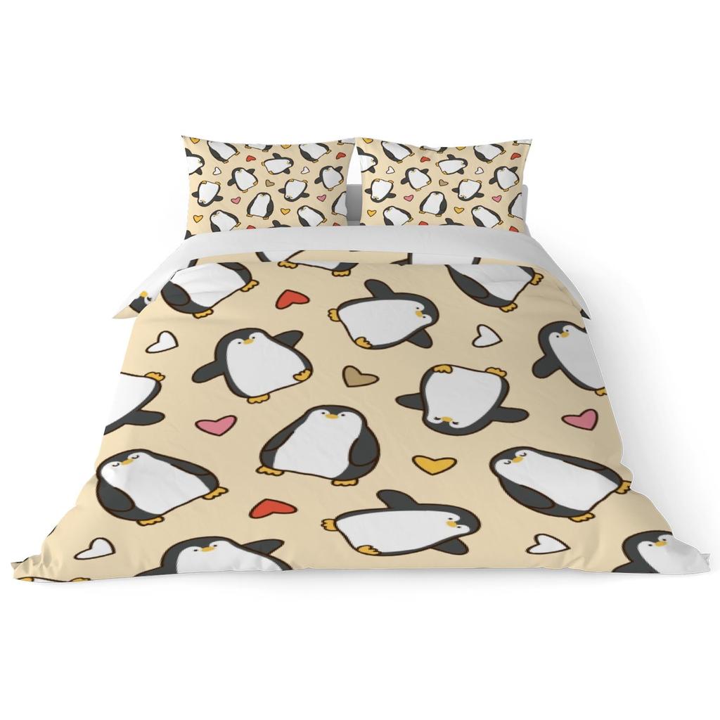 Cute Penguin And Love Heart Duvet Cover Set For Kids Teens Lightweight Quilt Cover With 2 Pillowcase Cartoon Penguin Bedding Set
