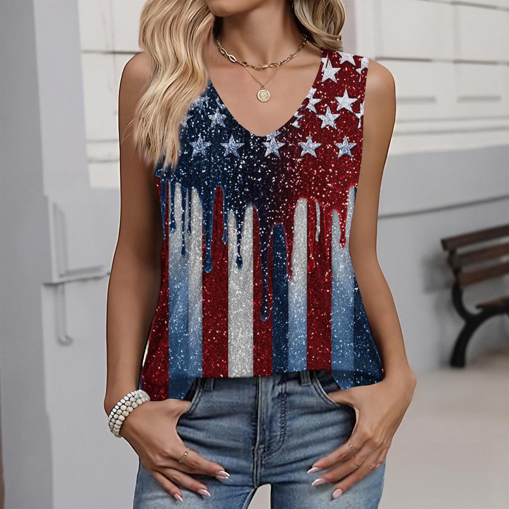 Women's Fashion Casual American Independence Day Flag and Stars Print V-Neck Ruffled Sleeveless T-Shirt Top