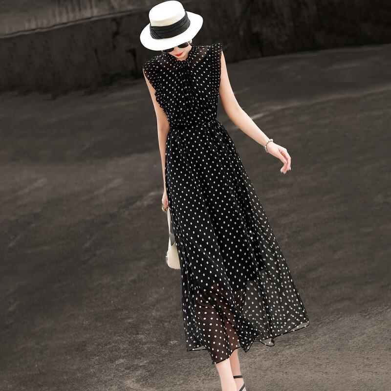 Elegant French Style Polka Dot A-Line Midi Dress M
