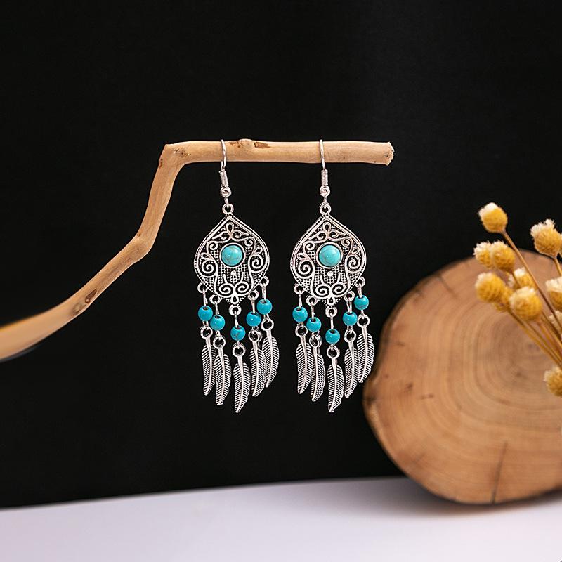 Retro Ethnic Turquoise Earrings: Blue Hollow Flower, Tassel, Owl, and Water Drop Designs