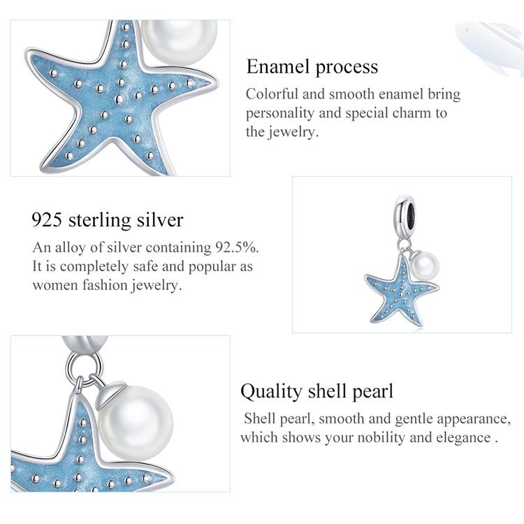 Bamoer 925 Sterling Silver Blue Starfish Hanging Beads Charm Fit Original 3MM Bracelet or Necklace DIY Jewelry