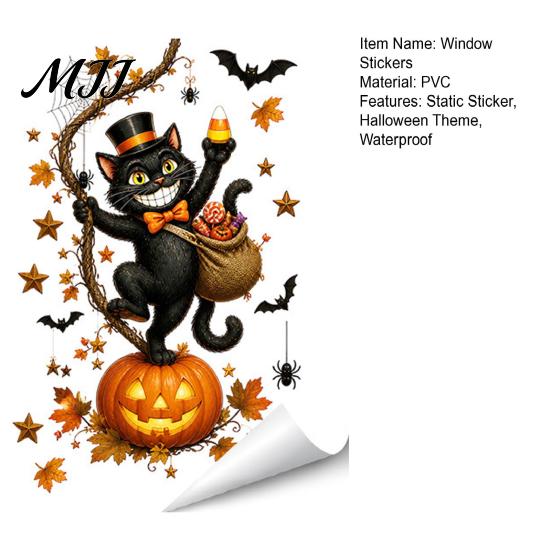 Spooky Glass Stickers Halloween Window Static Sticker, Ghost Castle Black Cat Print Decals, Creative Gift for Friends Waterproof PVC Cling