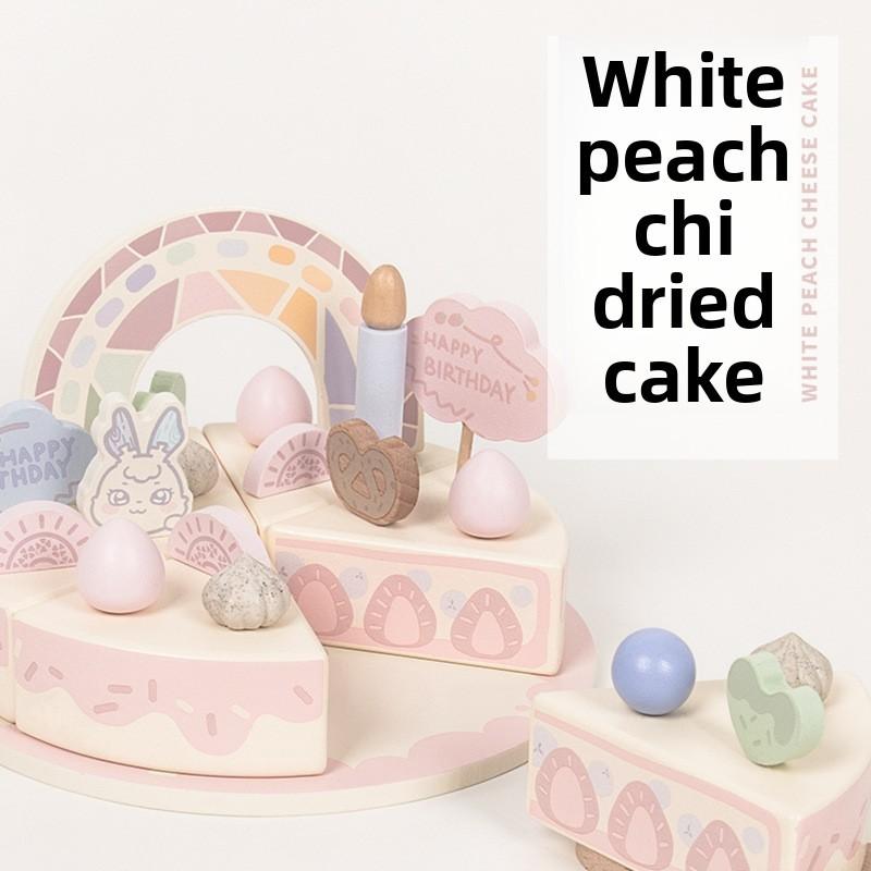 Wooden Dessert Toy Set With Peach Cheese Cake For Kids Play Interactive Family