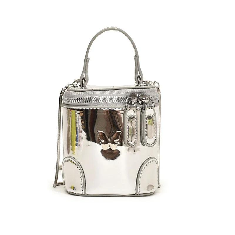 Monochromatic shiny PU shoulder bag for women solid color stitching chain mini bucket with zipper crossbody bags fashion