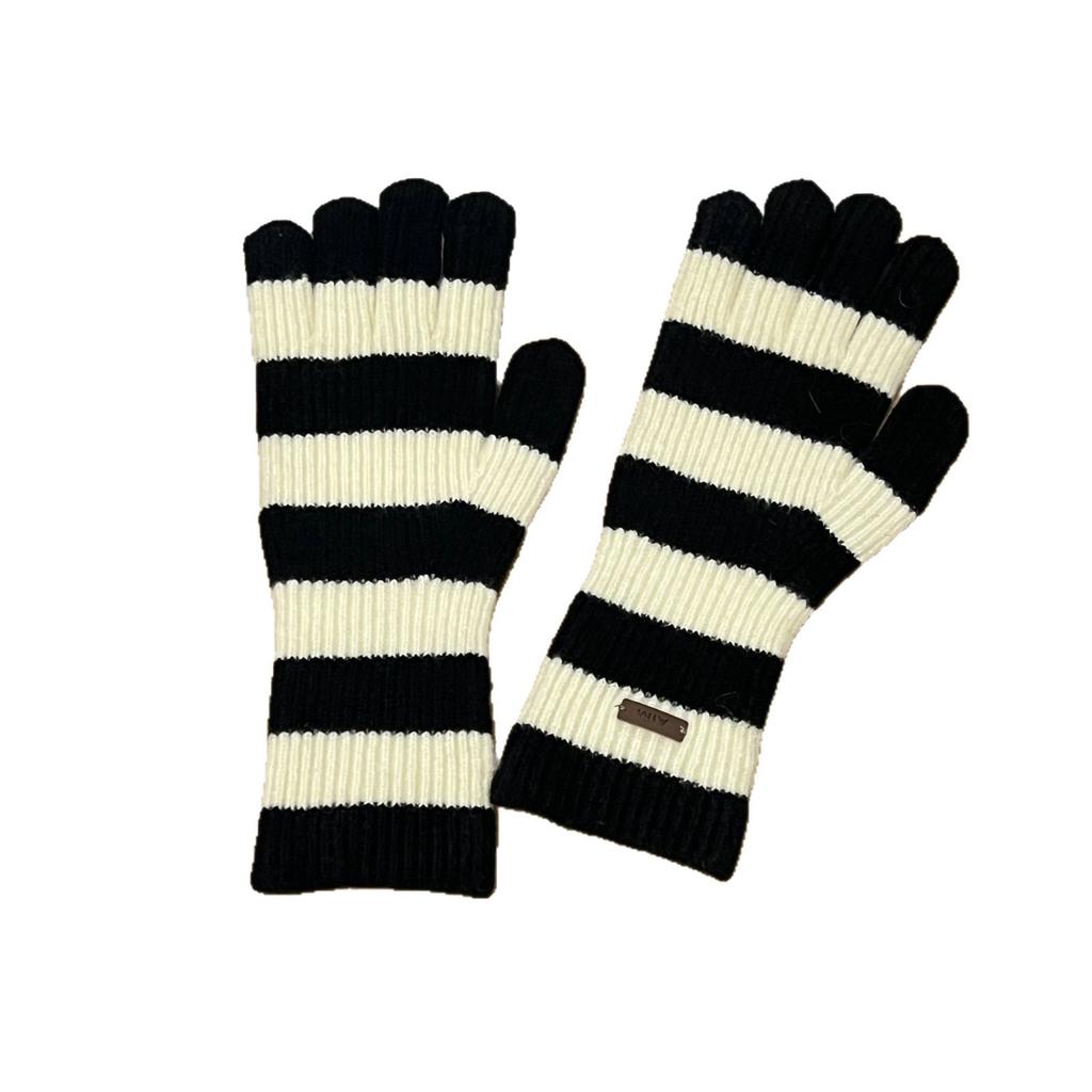 Wool Vintage Striped Long Finger Gloves with Autumn and Winter New Warm Wrist Protection for Women