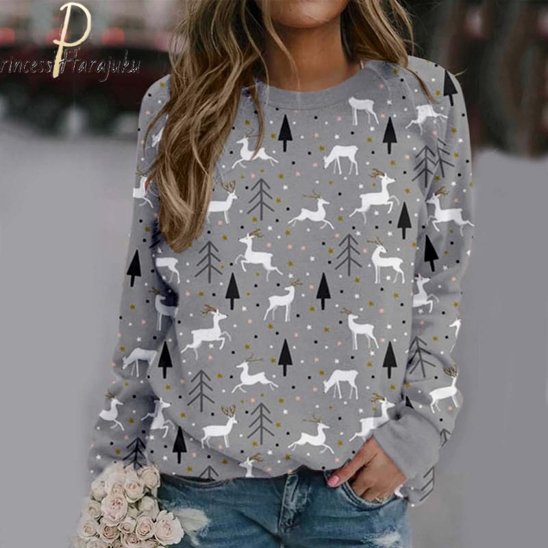 Weihnachtsdruck, langärmelig, lässig, Sweatshirt, Bluse, Pullover, Weihnachten, Strickpullover, Pullover, Top, Pullover, Damen-Sweatshirt