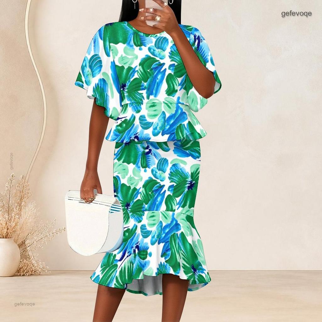 Women Plus Size Two Piece Set Round Neck Batwing Short Sleeve Tropical Leaf Printed Ruffle Hem Top Fishtail Skirt