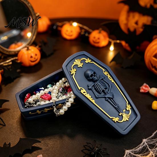 Hand Painted Craft Ornament Gothic Skull Casket Jewelry Box, Resin Spooky Storage Figurine for Box Rings, Halloween Dark Tabletop Organizer,