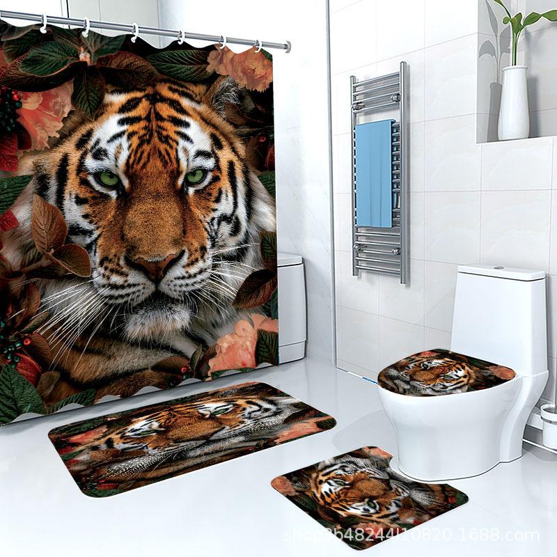 Direct Supply Digital Printing Tiger Lion Flower Animal Bathroom Curtain Non-Slip Floor Mat Bathroom Four-Piece Set