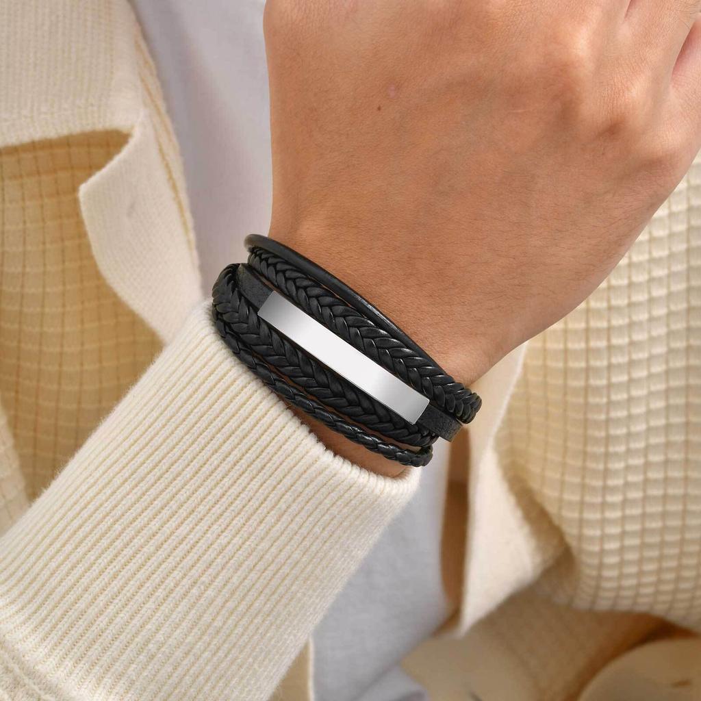 Vnox Free Engraving Men's Bracelet, Multilayer Leather Stainless Steel Long Bar Charm Wristband, Brown Black Braided Jewelry New