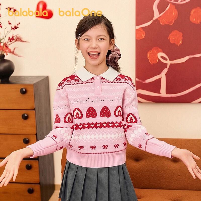 Balabala Girls' POLO Collar Heart Pattern Knit Sweater