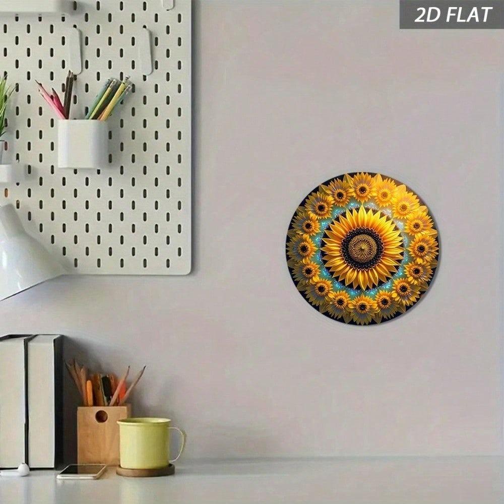 Vintage Sunflower Round Metal Wall Art, Yellow Aluminum Sign Decor for Home Farm