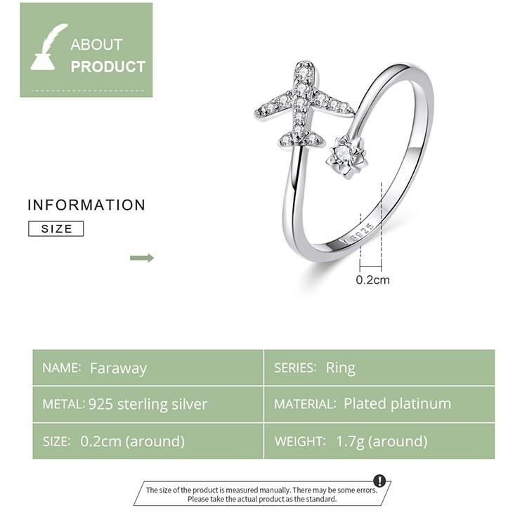 Bamoer Genuine 925 Sterling Silver Flying Plane Open Finger Rings for Women Clear CZ Adjustable Ring