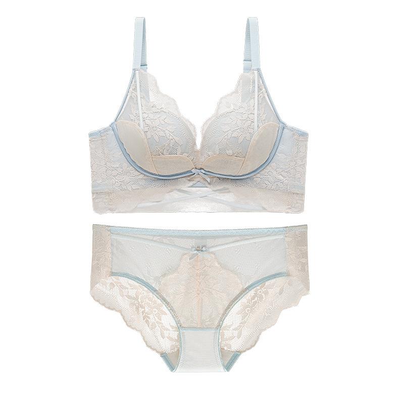 Less sexy lace, no steel rim, small breasts show big upper support, gather anti-sagging bra set